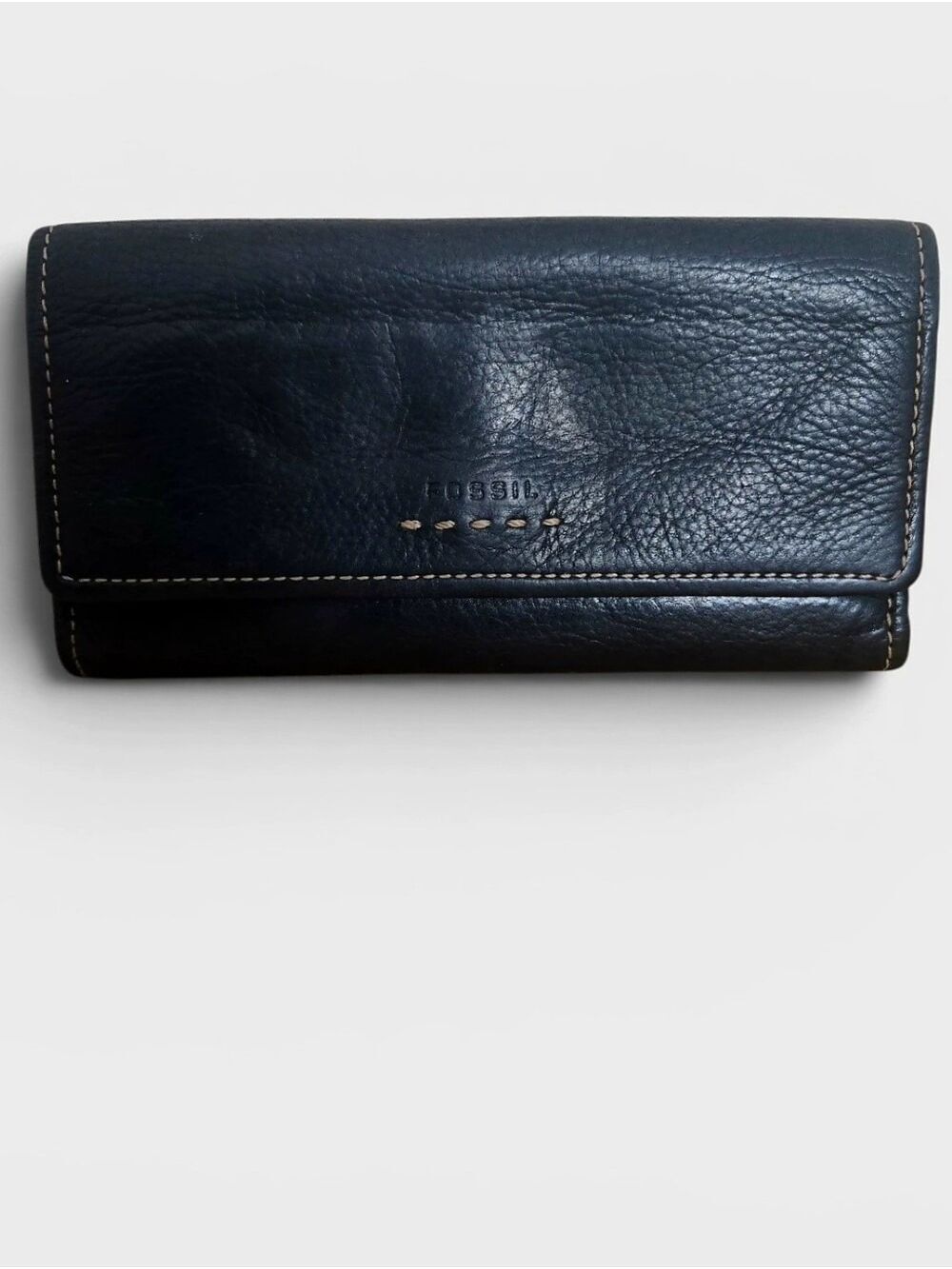 VTG Fossil Black Leather Trifold Checkbook Wallet Clutch Contrast Pop Stitch Y2K
